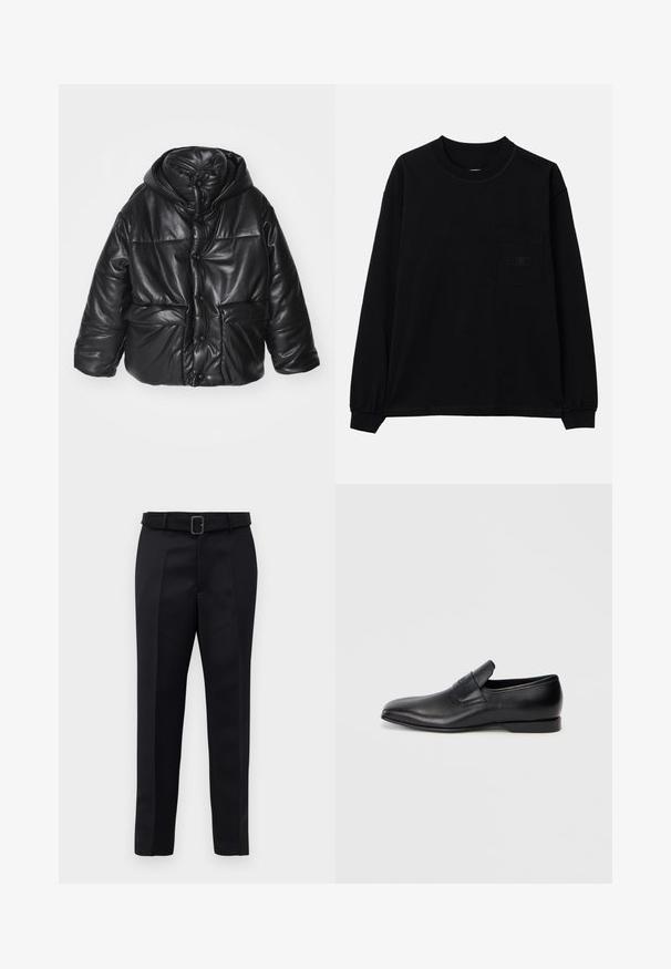 Jachetă neagră căptușită din piele ecologică, cu glugă, având capse, două buzunare frontale și o textură lucioasă.; Tricou negru cu mânecă lungă, din bumbac, cu guler rotund, un buzunar pe pieptul stâng și manșete elastice. Design minimalist, fără modele.; Pantalonii negri ajustați sunt fabricați dintr-un material neted, au croi drept și o talie încrustată cu o cataramă rectangulară. Pliseele frontale notabile îmbunătățesc designul.; Pantofii negri din piele, slip-on, cu vârf ascuțit, textură netedă și branding subtil pe lateral. Toc jos cu un design curat și minimal.