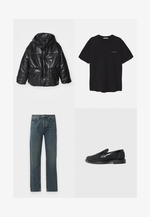 Black padded jacket in faux leather with a hood, featuring snap buttons, two front pockets, and a glossy texture.; Black cotton T-shirt with a crew neck, short sleeves, and a white logo print on the left chest. Simple, solid color design.; Dark blue denim jeans with a straight leg design, featuring five pockets, a button closure, and contrasting stitching details.; Black woven slip-on shoe with a smooth leather accent on the upper, a round toe design, and a low-profile rubber sole.
