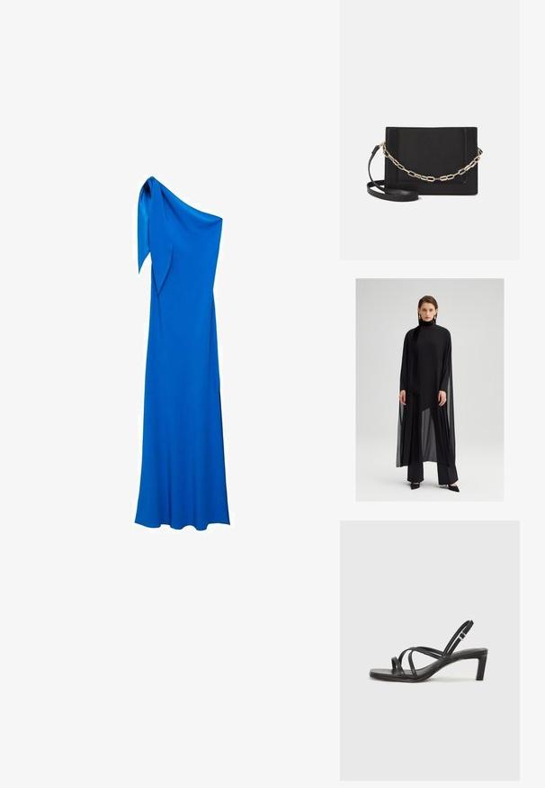 Zwarte gelaagde tuniek met een hoge kraag, gemaakt van doorschijnende stof. Beschikt over lange mouwen en een vloeiende uitstraling, gecombineerd met op maat gemaakte zwarte broek.; Een één-schouder lange jurk van levendig blauwe stof. Kenmerkt zich door een gladde textuur en een vastgebonden accent op de schouder, wat een elegante silhouet creëert.; Zwarte sandaal met bandjes, vierkante teen en een lage blokhak. Voorzien van meerdere dunne bandjes en een verstelbare enkelband. Gemaakt van zacht leer.; Zwarte leren schoudertas met een gladde textuur, rechthoekige vorm en een metallic kettingdetail aan de voorkant. Verstelbare schouderband inbegrepen.