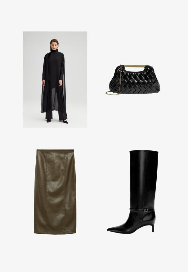 Čierna viacvrstvová tunika s vysokým golierom, vyrobená z priehľadnej látky. Má dlhé rukávy a splývavý dizajn, kombinovaná s prispôsobenými čiernymi nohavicami.; Čipkovaná blúzka v odtieni mauve s volánovým výstrihom, dlhými rukávmi a stužkovým viazaním vpredu; má rozšírené, volánové manžety.; Olívovo zelená sukňa z imitácie kože typu ceruzka s hladkou textúrou, po kolená, s vertikálnymi švami pre upravený vzhľad.; Čierne kožené čižmy po kolená s špicatou špičkou a malým opätkom. Obsahujú úzku pracku s kovovou sponou okolo členka. Hladký povrch.; Čierna tkaná kožená kabelka so zlatým kovovým držadlom a odnímateľným reťazcom. Má lesklý povrch a jemne zaoblený tvar.