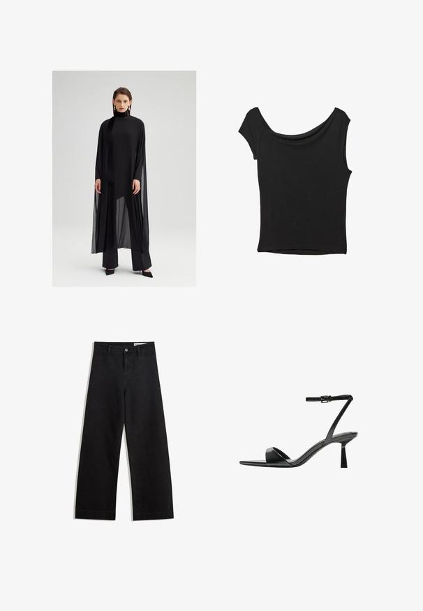 Czarna tunika warstwowa z wysokim kołnierzem, wykonana z przezroczystego materiału. Posiada długie rękawy i zwiewny krój, zestawiona z dopasowanymi czarnymi spodniami.; Czarna bluzka z krótkim rękawem, wykonana z gładkiego materiału; posiada dekolt w stylu drapowanym oraz asymetryczny dół, z dopasowanym krojem.; Czarne dżinsowe spodnie o szerokich nogawkach i wysokim stanie, z przednimi i tylnymi kieszeniami, przeszyciami oraz zapięciem na guziki. Gładka struktura.; Bershka - Sandały na obcasie