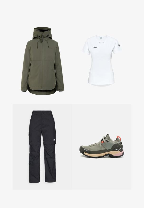 Olivengrøn vandtæt jakke med hætte, foran lynlås, justerbare snore, sidelommer og velcrobotte stropper ved håndleddene.; Kortærmet hvid sportsshirt med rund hals, prydet med et logo på brystet og en glat, let stofstruktur.; Sorte nylon cargo bukser med lynlås, justerbare manchetter, flere lommer og et logo på højre ben. Glat, let tekstur.; Letvægts grøn vandresko med mesh- og gummimaterialer, sort skridfast ydersål, pink og orange detaljer samt forstærket tåhætte.