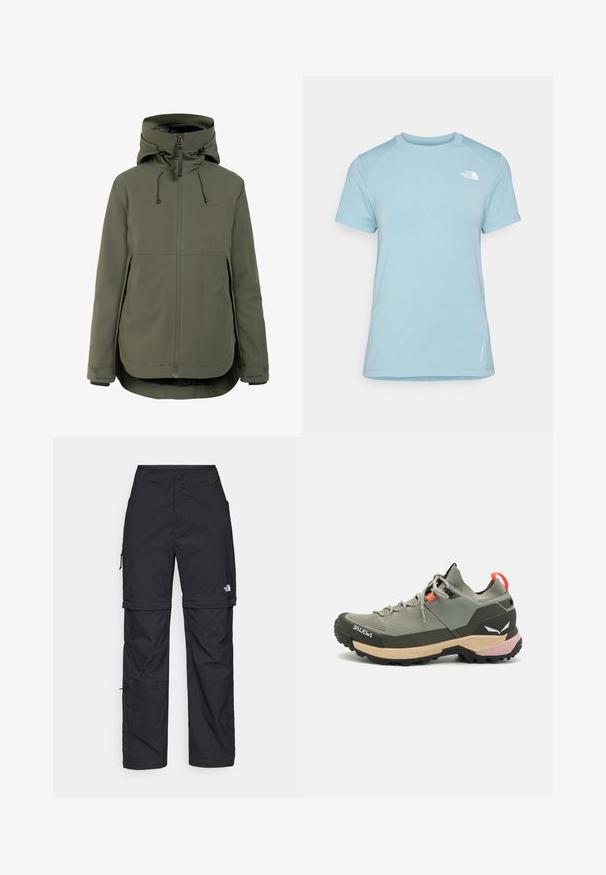 Olívazöld vízálló dzseki kapucnival, elöl cipzárral, állítható húzózsinórokkal, oldalzsebekkel és tépőzáras csuklópántokkal.; Világoskék, rövid ujjú póló kerek nyakkal. Puha anyagból készült, raglán ujjakkal rendelkezik, és egy fehér logó található a bal felső mellrészen.; Fekete nylon zipzáras cargo nadrág állítható mandzsettával, több zsebbel és logóval a jobb lábon. Simább, könnyű textúra.; Könnyű zöld túracipő hálós és gumiból készült anyagokkal, fekete tapadós talppal, rózsaszín és narancssárga részletekkel, és megerősített orrrész.