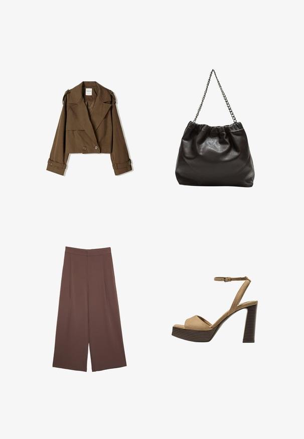 Skraćena smeđa jakna od mekog materijala s dvostrukim kopčanjem, velikim reverima i dugmadima na rukavima.; Smeđi kratki rukav majica od mekog materijala, s okruglim izrezom i opuštenim krojem. Nema vidljivih uzoraka ili naglasaka.; Smeđe hlače širokog kroja s glatkom teksturom, koje imaju visok struk i nabore sprijeda. Tkanina je lagana i slobodno se kreće.; Beige suedirane sandale s visokim potpeticama, širokom prednjom trakom i trakicom oko gležnja, s debelom drvenom blok-potpeticom s teksturiranim završetkom.; Smeđa kožna torba s naboranim vrhom i lančićem za nošenje. Glatka tekstura s sjajnim završetkom i suptilnim šavnim detaljima sa strane.