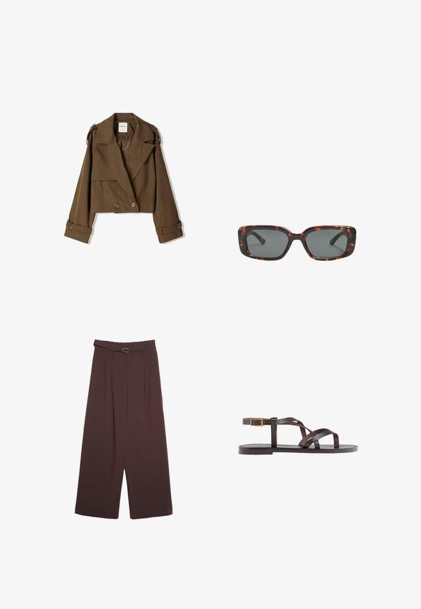Gekürzte braune Jacke aus weichem Material mit einem doppelt knöpfbaren Design, großen Revers und Knopfakzenten an den Ärmeln.; Braunes, kurzärmliges T-Shirt aus weichem Material mit rundem Halsausschnitt und lockerer Passform. Keine sichtbaren Muster oder Akzente.; Stradivarius WIDE-LEG WITH BUCKLE DETAIL - Stoffhose - dark brown; Braune Leder-Sandale mit überkreuzten Riemen, einem Knöchelriemen mit Schnalle und einer flachen Sohle mit minimalen Nähdetails.; Sonnenbrille im Schildpatt-Design mit rechteckigen Gläsern, dicken Rahmen und dunkelgetönten Gläsern. Glatte Textur und minimalistisches Design.