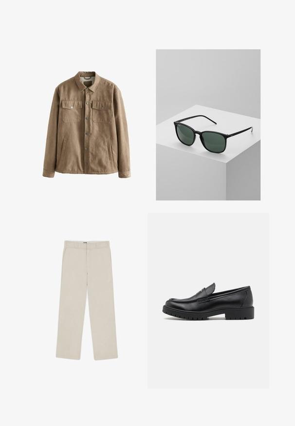 Braune Kunstwildlederjacke mit Druckknopfverschluss, zwei Brusttaschen und Seitentaschen; zeichnet sich durch eine weiche Textur und ein klassisches Kragen design aus.; Hellgrauer Pullover-Sweatshirt mit hohem Kragen, halbem Reißverschluss vorne und elastischen Bündchen. Weicher Stoff und lässige Passform.; Weißes Baumwoll-T-Shirt mit kurzen Ärmeln, Rundhalsausschnitt und lässigem Schnitt. Glatte Textur ohne sichtbare Muster oder Akzente.; Beige Weitbein-Hosen mit glatter Textur, ausgestattet mit Gürtelschlaufen, zwei vorderen Taschen und einem Reißverschluss. Minimalistisches Design.; Schwarze Lederloafers mit runder Zehenform, eleganter Schlupfdesign und dicker Gummisohle mit strukturiertem Griff. Erhöhter Absatz und dezente Nähdetails.; Schwarze rechteckige Sonnenbrille mit dunkelgrünen Gläsern, ausgestattet mit einem leichten Kunststoffrahmen und silbernen Akzenten an den Bügeln.; Metallquarzarmbanduhr mit schwarzem Zifferblatt, weißen Ziffern und Datumsanzeige. Verfügt über ein Edelstahlarmband und eine Wasserdichtigkeit von 100m.