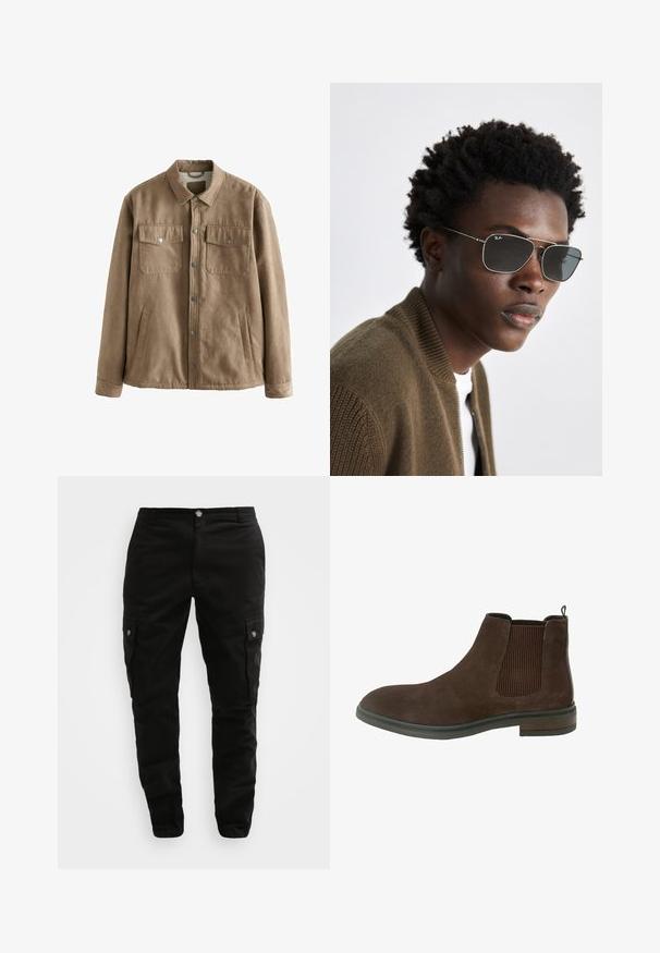 Braune Kunstwildlederjacke mit Druckknopfverschluss, zwei Brusttaschen und Seitentaschen; zeichnet sich durch eine weiche Textur und ein klassisches Kragen design aus.; Schwarzer Rollkragenpullover aus weichem Strickmaterial. Mit langen Ärmeln, geripptem Kragen und Saum. Schlichtes, elegantes Design ohne Muster.; Schwarze Cargo-Hosen aus strapazierfähigem Material, mit Seitentaschen, Knopfverschluss und schlankem Design. Glatte Textur mit minimaler Detailgestaltung.; Braune Wildleder-Ankle-Boots mit elastischen Seitenpaneelen, runder Zehenform und niedrigem Blockabsatz. Verfügt über eine Ziernaht entlang der Sohle.; Sonnenbrille mit silbernem Metallrahmen, im Aviator-Stil und dunkel getönten Gläsern. Kombiniert mit einer braunen Bomberjacke mit Rippstruktur.
