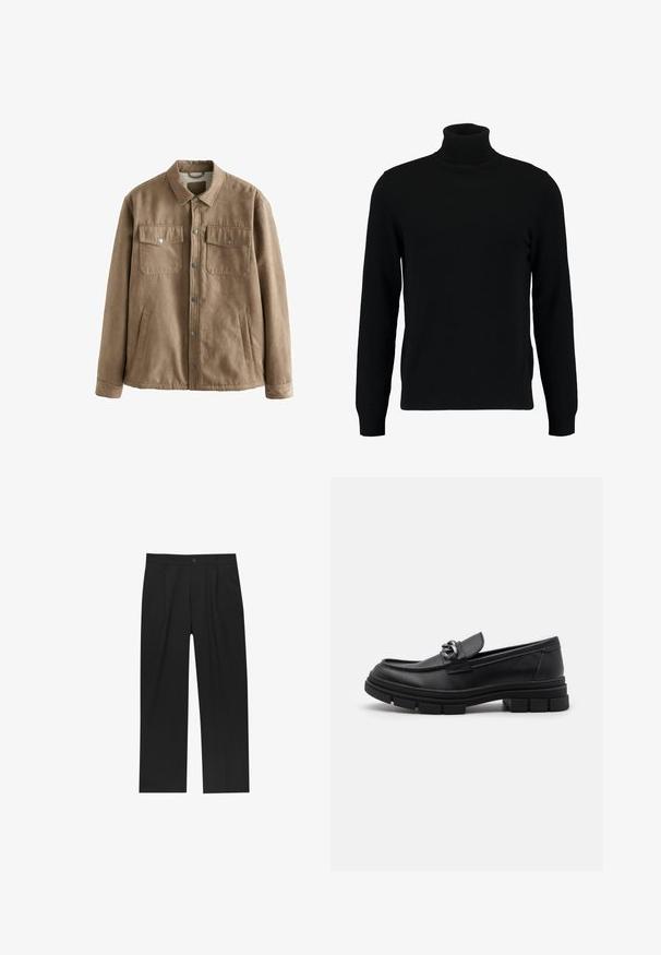 Braune Kunstwildlederjacke mit Druckknopfverschluss, zwei Brusttaschen und Seitentaschen; zeichnet sich durch eine weiche Textur und ein klassisches Kragen design aus.; Schwarzer Rollkragenpullover aus weichem Strickmaterial. Mit langen Ärmeln, geripptem Kragen und Saum. Schlichtes, elegantes Design ohne Muster.; Schwarze Hose mit geradem Schnitt, aus einem glatten Stoff gefertigt. Verfügt über Vorderfalten und einen einzelnen Knopfverschluss an der Taille.; Schwarzer Lederloafer mit runder Zehenform, einem dekorativen Riemen und Hardware sowie einer robusten, strukturierten Sohle. Glatte Oberfläche mit dezenten Details.