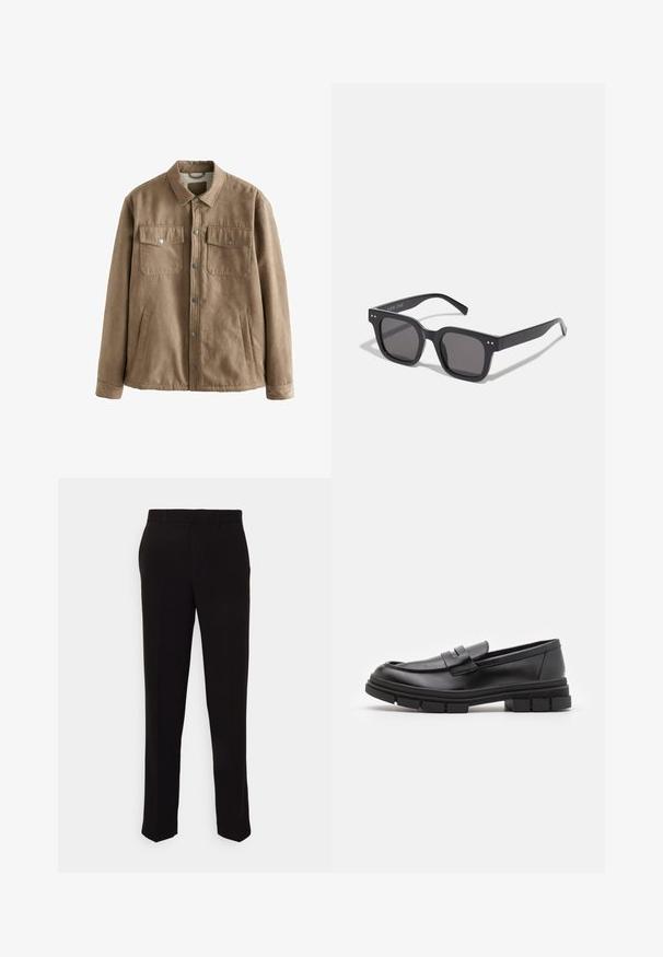 Braune Kunstwildlederjacke mit Druckknopfverschluss, zwei Brusttaschen und Seitentaschen; zeichnet sich durch eine weiche Textur und ein klassisches Kragen design aus.; Schwarzer Rollkragenpullover aus weichem Strickmaterial. Mit langen Ärmeln, geripptem Kragen und Saum. Schlichtes, elegantes Design ohne Muster.; Schwarze Hose mit geradem Schnitt, verfügt über eine glatte Textur und hat keine sichtbaren Muster oder Hardware. Klassisches Design mit klarer Silhouette.; Schwarze Lederloafer mit glatter Oberfläche, ausgestattet mit einem vorderen Riemendetail und einer klobigen Gummisohle mit gerippten Akzenten.; Schwarze rechteckige Sonnenbrillen mit dunklen Gläsern, die einen dicken Rahmen, subtile Akzente an den Seiten und keine sichtbaren Logos außer dem Markennamen aufweisen.; Silberne Analog-Uhr mit achteckigem Gehäuse, grauem Zifferblatt, silbernen Stundenmarkierungen und einem Armband aus Edelstahl. Minimalistisches Design mit glatter Textur.