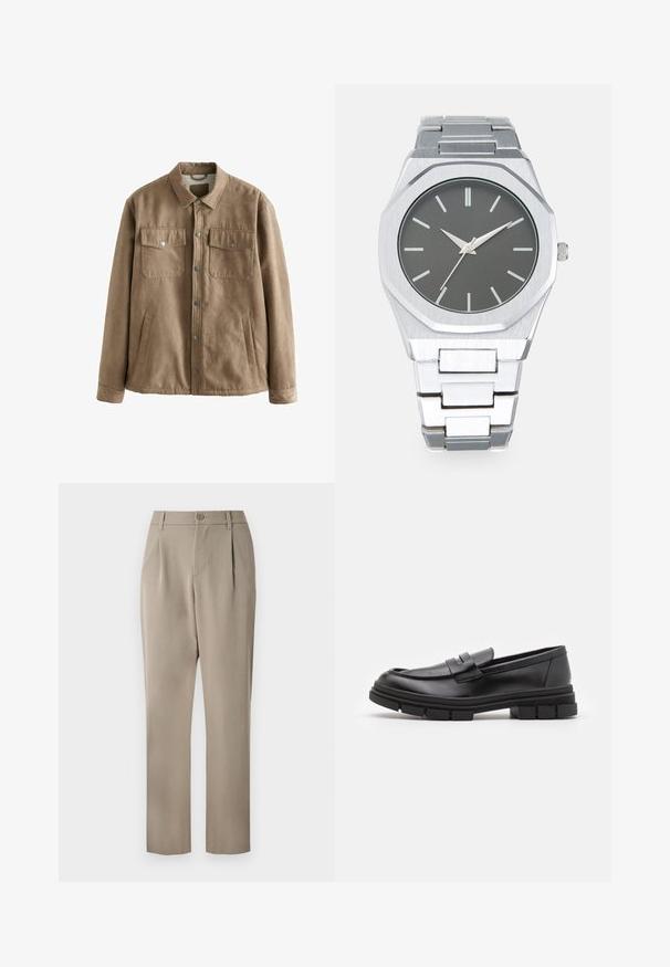 Giacca in faux suede marrone con chiusura a pressione, due tasche sul petto e tasche laterali; presenta una texture morbida e un design del colletto classico.; Maglione a collo alto nero realizzato in morbido materiale knit. Presenta maniche lunghe, colletto e orlo a costine. Design semplice e lineare senza motivi.; Pantaloni khaki con design a gamba dritta, dotati di chiusura con bottone e fronte plissettato. Realizzati in tessuto liscio con finitura opaca.; Mocassini in pelle nera con finitura liscia, dotati di un dettaglio di cinturino anteriore e di una suola in gomma spessa con accenti scanalati.; Orologio analogico argento con cassa ottagonale, quadrante grigio, indicatori delle ore argentati e bracciale in acciaio inossidabile. Design minimalista con texture liscia.