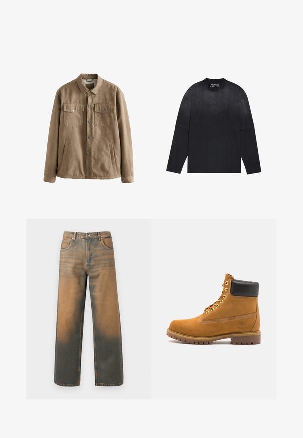 Giacca in faux suede marrone con chiusura a pressione, due tasche sul petto e tasche laterali; presenta una texture morbida e un design del colletto classico.; T-shirt nera a maniche lunghe realizzata in tessuto morbido; presenta un colletto a girocollo, vestibilità ampia e un lieve effetto sfumato dal chiaro allo scuro.; Jeans a gamba larga in denim blu e marrone scuro con effetto usurato. Presentano un alto punto vita, tasche frontali e una chiusura con bottone classico arricchita da dettagli metallici.; Stivale alla caviglia in suede tan con collare imbottito nero, occhielli in metallo dorato, dettagli in cucitura bianca e suola in gomma robusta con battistrada pronunciato.