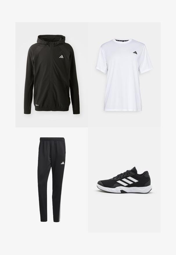 Svart atletisk jakke med glidelås foran, hette, teksturerte skulderpaneler, elastiske ermer og et reflekterende logo. Laget av lett materiale.; Hvit trenings T-skjorte med korte ermer, laget av fukttransporterende stoff. Har en svart logo på venstre bryst og et mønstrete innvendig halsåpning.; Sorte treningsbukser med en elastisk midje, hvite side.striper og en liten hvit logo på låret. Laget av et glatt, lett materiale.; Sorte joggesko med teksturert mesh-overdel, hvite aksentstriper, en polstret såle og en forsterket hæl for støtte.