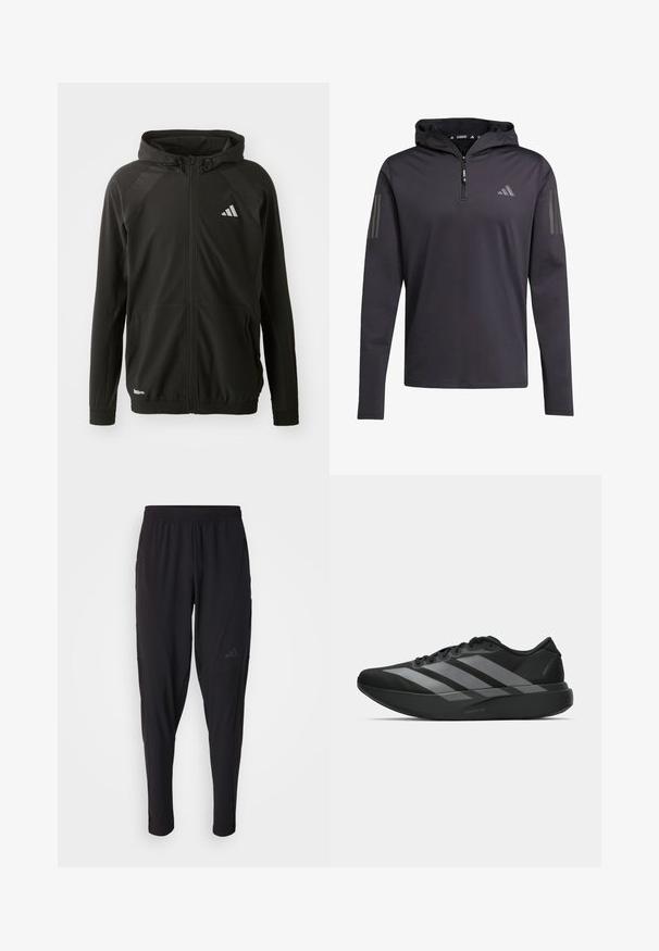 Veste de sport noire avec une fermeture éclair devant, une capuche, des panneaux d'épaule texturés, des poignets élastiques et un logo réfléchissant. Fabriquée en matériau léger.; Haut noir à capuche et à manches longues avec une demi-fermeture éclair, fabriqué en tissu léger, présentant trois bandes verticales grises sur chaque manche.; Pantalons de sport noirs avec une taille élastique, design fuselé, poches latérales et détail de logo subtil. Fabriqués en tissu flexible et respirant.; Chaussures de sport noires au design léger, présentant trois rayures grises marquées, une texture lisse et une semelle profilée.