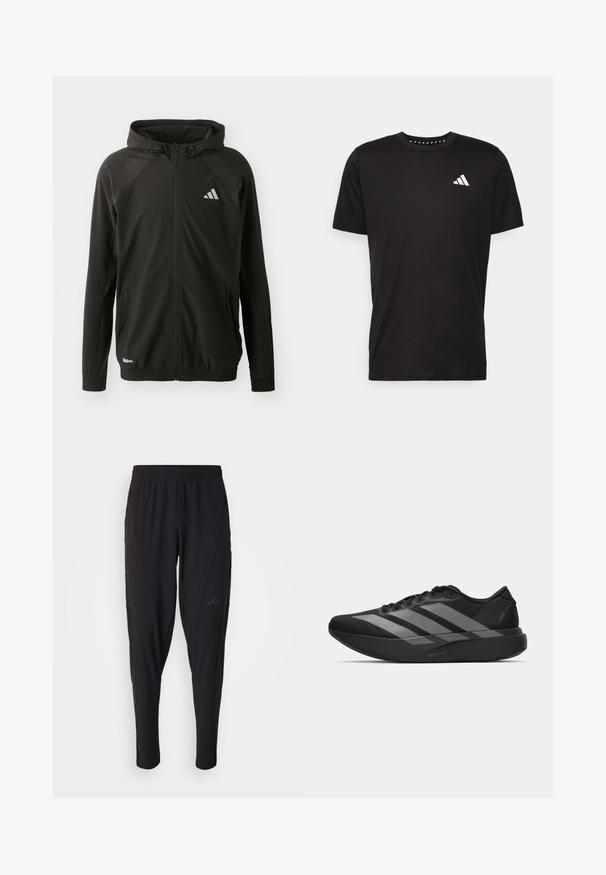 Zwarte sportjack met een rits aan de voorkant, capuchon, textuur op de schouderpanelen, elastische boorden en een reflecterend logo. Gemaakt van lichtgewicht materiaal.; Zwarte katoenen t-shirt met korte mouwen, ronde hals en een wit logo op de linkerkant van de borst. Gladde textuur en eenvoudig ontwerp.; Zwarte sportbroek met een elastische tailleband, taps toelopend ontwerp, zijzakken en subtiele logodetails. Gemaakt van flexibele, ademende stof.; Zwarte sportieve schoenen met een lichtgewicht ontwerp, voorzien van drie opvallende grijze strepen, een gladde textuur en een gevormde zool.