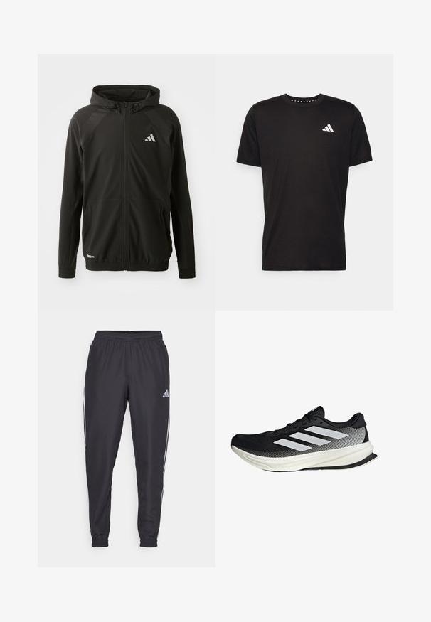 Black athletic jacket with a front zipper, hood, textured shoulder panels, elastic cuffs, and a reflective logo. Made from lightweight material.; Black cotton t-shirt with short sleeves, crew neckline, and a white logo on the left chest. Smooth texture and simple design.; Black athletic pants with an elastic waistband, featuring white stripes along the sides and a small logo on the hip. Smooth texture.; Black athletic shoe with a mesh design, featuring white stripes, a rounded toe, and a textured sole for grip and support.