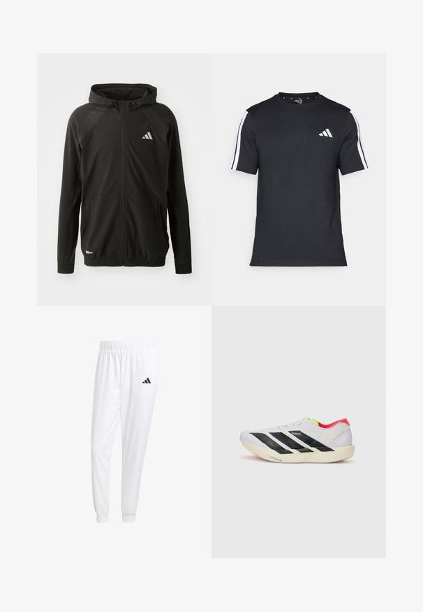 Giacca atletica nera con zip frontale, cappuccio, pannelli spalla texturizzati, polsini elasticizzati e logo riflettente. Realizzata in materiale leggero.; T-shirt nera in cotone a maniche corte, con strisce bianche sulle spalle e un logo bianco sul petto sinistro.; Pantaloni sportivi bianchi realizzati in tessuto liscio, con una vita elasticizzata e polsini aderenti, dotati di un logo nero sulla tasca posteriore.; Scarpa da corsa bianca con strisce nere, dettagli in verde neon e tallone rosso. Presenta un design leggero e una suola testurizzata per aderenza.