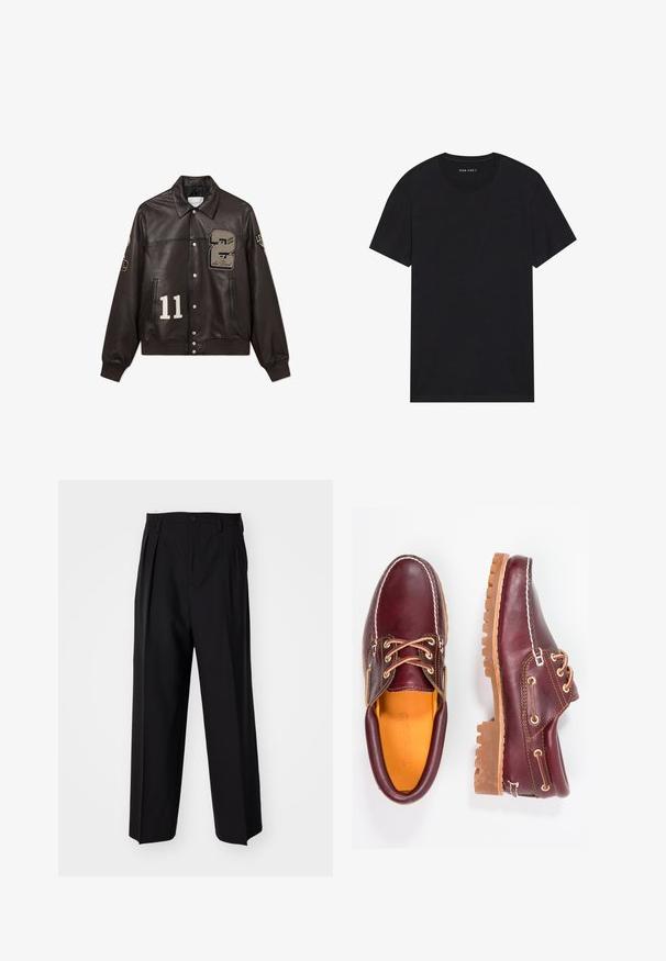 Les Deux VARSITY JACKET - Bomber jakna - dark brown; Črna bombažna majica s kratkimi rokavi in okroglim ovratnikom. Tkanina ima gladko teksturo in enostaven, enobarven dizajn.; Črne nabirane hlače s ravnim, širokim krojem. Narejene so iz gladkega materiala in imajo zadrgo ter pasne zanke.; Burgundske usnjene čevlje z rjavimi gumijastimi podplati, okrogla kapica, beli šivi in zlate luknje za vezalke. Notranjost je obložena s rumeno podlogo.