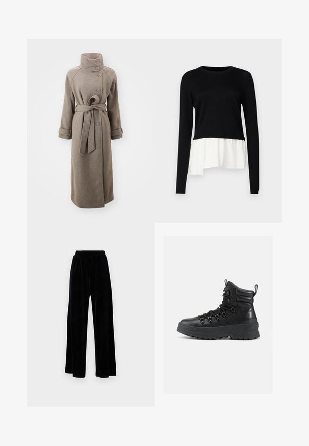 Garš, gaiši brūns vilnas mētelis ar augstu apkakli, pogu aizdari un jostu viduklī. Iezīmē plašas piedurknes un aproces.; Melna garām piedurknēm augšdaļa ar kontrastējošu balto ruffles apakšmalu, apaļo kakla izgriezumu un mīkstu tekstūru. Izstrādāta ar brīvu piegriezumu.; Melni platajā stila bikses, izgatavotas no mīksta samta, ar elastīgu jostu un gludu tekstūru, bez redzamām detaļām vai rakstiem.; Melni pārgājienu zābaki ar sintētisko ādu un gumijas zolēm. Iezīmes: apaļās šņores, acu caurumi, mīkstināta apkakle un teksturēta virsma.