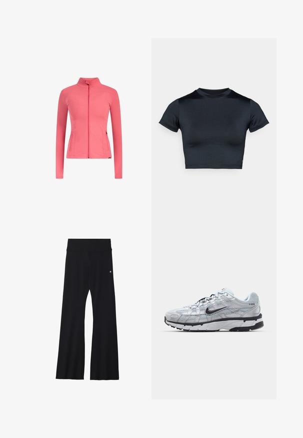 Vaaleanpunainen vetoketjullinen takki, jossa pitkät hihat ja joustavasta materiaalista valmistettu. Siinä on kaksi sivutaskua ja korkea kaulus. Sileä pinta, istuva malli.; Lyhythihainen lyhyt toppi tummansinisenä, valmistettu sileästä, joustavasta kankaasta. Pyöreä pääntie ja minimaalinen ompeludetaljit. Ei näkyviä logoja.; Mustat liehukkeet joustavasta materiaalista, joissa on leveä vyötärönauha ja pieni logo lonkassa. Sileä pinta ja täyspitkä malli.; Nike P-6000 tennarit, joissa on vaaleanharmaa verkkomateriaali, mustia yksityiskohtia ja kestävä musta kumipohja. Ominaisuuksia ovat monimutkainen muotoilu ja nauhoitusjärjestelmä.