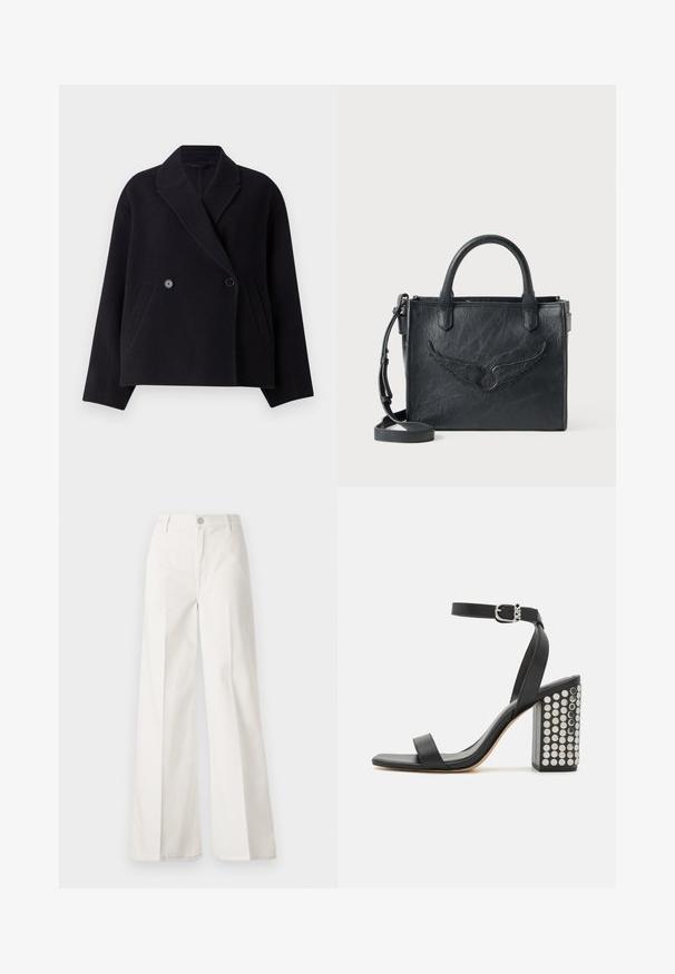 Black wool-blend coat with a double-breasted front, notched collar, side pockets, and a boxy silhouette. Smooth texture.; Black short-sleeve knitted top with a round neckline. Features subtle ribbed detailing at the sleeves and hem, crafted from a smooth fabric.; White wide-leg trousers made from cotton with a smooth texture. Features a front button, zipper fly, and four-pocket design.; Black leather heeled sandals with an ankle strap. Features a square toe, smooth texture, and square block heel adorned with silver studs.; Black leather handbag with wing design accent. Features two rounded handles and a detachable shoulder strap. Textured surface. Compact shape.