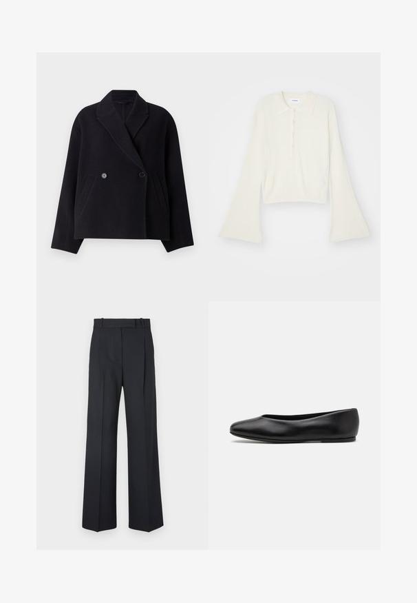 Black wool-blend coat with a double-breasted front, notched collar, side pockets, and a boxy silhouette. Smooth texture.; Ribbed, cream-colored polo shirt with long, flare sleeves and five button placket. Features a collar with a soft texture.; Dark blue pinstriped trousers with a high waist, wide leg design, and no visible hardware or embellishments. Smooth texture and tailored fit.; Paul Smith TOPANGA - Ballet pumps - black