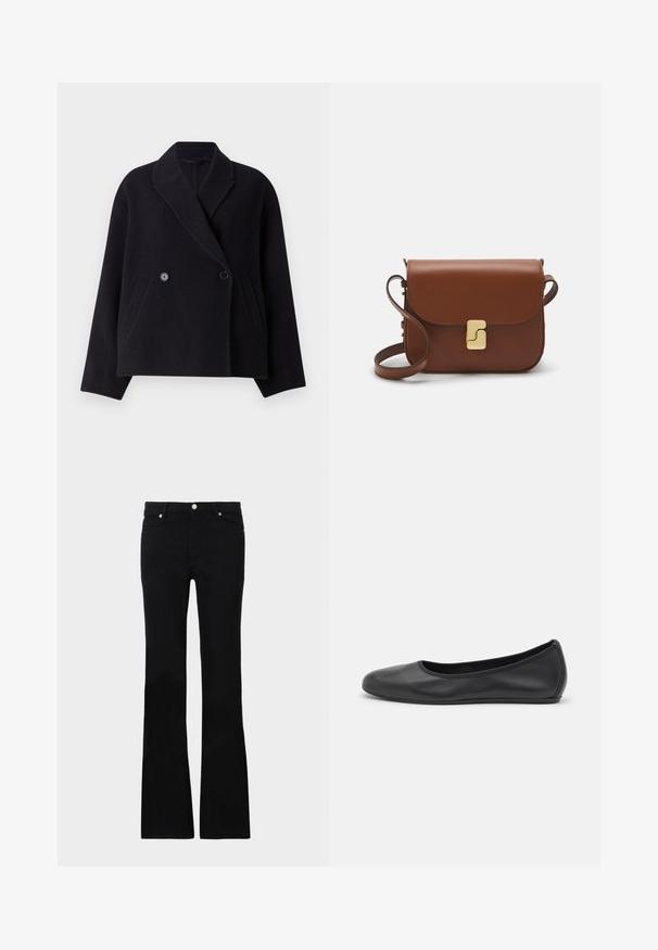 Črn plašč iz volnenega mešanega materiala z dvorednim zapiranjem, zareznim ovratnikom, stranskimi žepe in kvadratno silhueto. Gladka tekstura.; Bela kratka majica s kratkimi rokavi iz rebrastega materiala. Okrogla ovratnica, običajen kroj in subtilni šivi. Brez vzorcev ali grafik.; Črne zvonaste kavbojke iz denima, ki imajo dve sprednji žepi, gumbasto zapiranje in gladko teksturo. Oznaka zašite vidna na šivih.; Črne usnjene balerinke z zaobljenim nosom, gladko teksturo, minimalnimi šivi in fleksibilno zasnovo podplata.; Rjava usnjena torbica s poklopcem, zlato obarvani okovi, naramnica in gladka tekstura. Kompaktna pravokotna oblika.