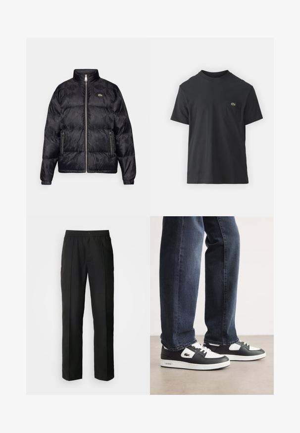 Lacoste Down jacket - black; Black cotton t-shirt with short sleeves, round neckline, and a small green logo on the left chest pocket. Simple design, regular fit.; Black trousers with a straight-leg design, crafted from smooth fabric. Features an elastic waistband and a button closure.; Black and white Lacoste sneakers with a textured leather upper, featuring a lace-up design and a white rubber outsole. Worn with dark jeans.