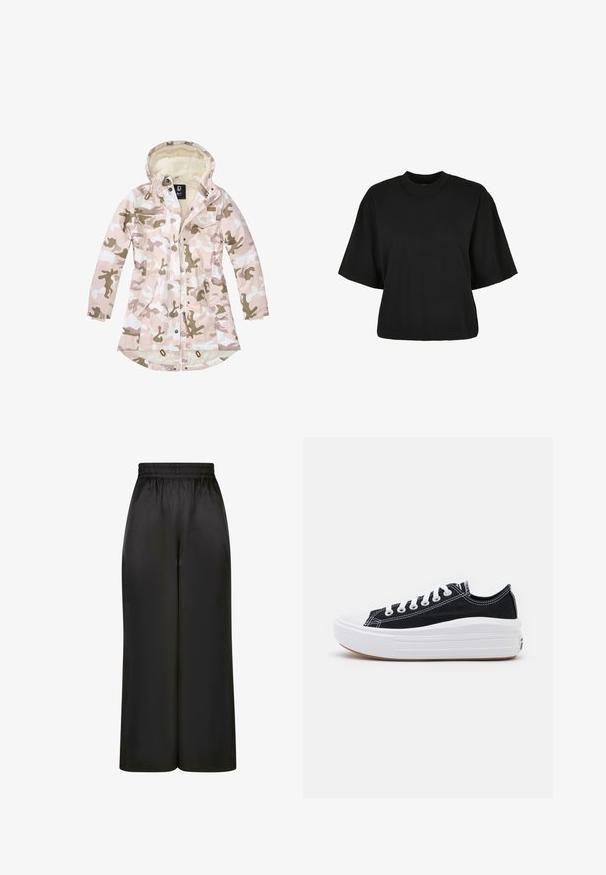 Maskáčový parka v ružových a béžových odtieňoch, vyrobená z vodeodolného materiálu, s umelou kožušinou na podšívke, prednými vreckami a sťahovacím pásom.; Čierne skrátené tričko z bavlny. Disponuje krátkymi rukávmi a okrúhlym výstrihom. Hladká textúra s jednoduchým dizajnom, bez ďalších vzorov.; Čierne široké nohavice vyrobené z hladkého, lesklého materiálu s elastickým pásom a bez viditeľných vreciek či kovových detailov.; Čierne plátenné tenisky s bielymi šnúrkami, bielym gumovým špičkovým krytom a robustnou bielou medzipodrážkou. Obsahujú jemné biele švy a gumenú podrážku.