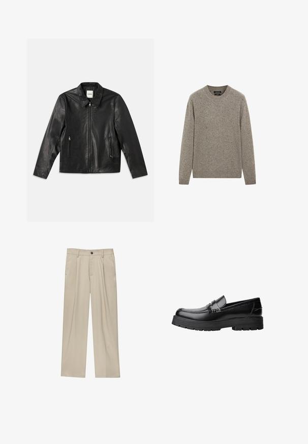 Czarna skórzana kurtka z ostrym kołnierzem, zapięciem na zamek i dwiema bocznymi kieszeniami. Posiada gładką teksturę i dopasowany krój.; Jasnoszary sweter z dzianiny z okrągłym dekoltem, długimi rękawami i wzorem strukturalnym z drobnymi plamkami. Miękki materiał i luźny krój.; Beżowe spodnie o prostym kroju, z pojedynczym czarnym guzikiem, szlufkami na pasek oraz bocznymi kieszeniami. Gładka faktura materiału i minimalistyczny design.; Czarne skórzane mokasyny z grubą, bieżnikowaną podeszwą i dekoracyjnym paskiem na górze, pokazane w lewym profilu na białym tle.