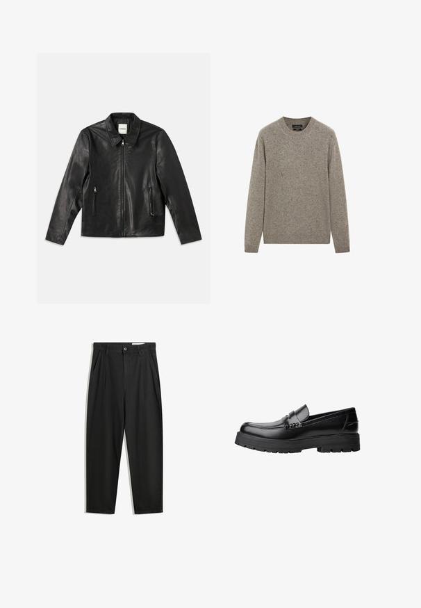 Sort læderjakke med spidse krave, lynlås foran og to sidelommer. Har en glat overflade og en skræddersyet pasform.; Lys grå striktrøje med rund hals, lange ærmer og et tekstureret mønster med prikker. Blødt materiale og afslappet pasform.; Sorte bomuldsbukser med en afslappet pasform, der har en klassisk talje, frontfolder og sidelommer. Glat tekstur uden mønstre.; Sort læderloafer med kraftig sål og dekorativ rem henover, vist i venstre sideprofil på hvid baggrund.