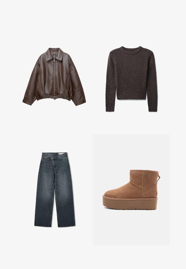 Veste courte en similicuir marron avec un large col, une fermeture éclair frontale, des poches latérales et une taille ceinturée. Texture lisse, coupe décontractée.; Pull marron foncé avec un col rond, des poignets et un ourlet côtelés, orné de touches colorées dans le tricot texturé.; Jean en denim foncé avec une coupe large, doté d'une taille haute, de cinq poches et d'un léger délavage sur le devant.; Bottine en suède tan avec une semelle plate-forme, un bout arrondi et des accents de couture ; elle est dotée d'une languette à l'arrière pour un enfilage facile.