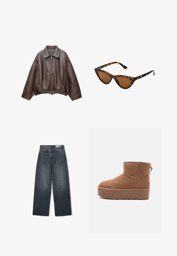 Veste courte en similicuir marron avec un large col, une fermeture éclair frontale, des poches latérales et une taille ceinturée. Texture lisse, coupe décontractée.; Haut halter beige avec un devant drapé, présentant une texture lisse et de petites accents métalliques le long de l'encolure. Se noue à l'arrière.; Jean en denim foncé avec une coupe large, doté d'une taille haute, de cinq poches et d'un léger délavage sur le devant.; Bottine en suède tan avec une semelle plate-forme, un bout arrondi et des accents de couture ; elle est dotée d'une languette à l'arrière pour un enfilage facile.; Lunettes de soleil style œil de chat avec une monture en écaille de tortue noire et orange, verres marron et pointes effilées et élégantes. Présente un logo minimaliste sur la branche.