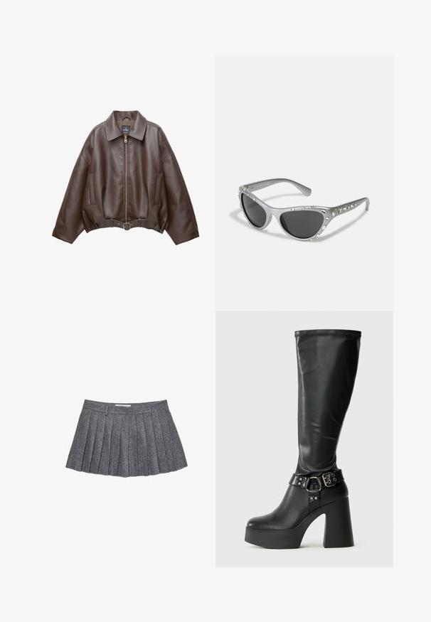 Braune, kurz geschnittene Jacke aus Kunstleder mit weitem Kragen, vorderem Reißverschluss, Seitentaschen und einem Taillengürtel. Glatte Textur, entspannte Passform.; Schwarz, langärmliges Oberteil aus weicher Baumwolle. Hat einen weit geschnittenen Halsausschnitt, eine lockere Passform und leicht ausgestellt Ärmel. Keine sichtbaren Muster oder Hardware.; Grauer, plissierter Rock aus strukturiertem Stoff. Verfügt über einen figurbetonten Bund und mehrere vertikale Falten, die eine klare Silhouette schaffen.; Schwarze kniehohe Plateau-Stiefel mit glänzender Oberfläche, ausgestattet mit einem breiten Blockabsatz und einem Akzent in Form eines Schnallenriemens am Knöchel.; Silberne Cat-Eye-Sonnenbrille mit dunklen Gläsern, verziert mit klaren Edelstein-Akzenten entlang des Rahmens. Mattes Finish mit geschwungenem Bügeldesign.; Schwarze halbmondförmige Handtasche mit buntem Blumenmuster und geknoteten Griffen, die ein kleines metallisches Logo auf der rechten Unterseite trägt.