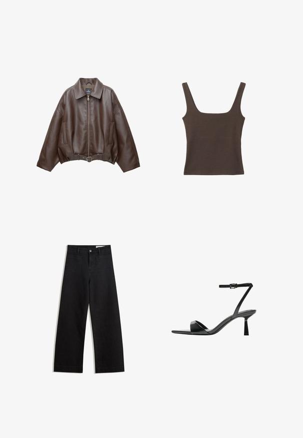 Hnedá krátka bunda z umelého kože s širokým golierom, predným zipsom, bočnými vreckami a opaskom v páse. Hladká textura, voľný strih.; Hnedý bezrúškový top so štvorcovým výstrihom, vyrobený z mäkkého, elastického materiálu. Má priliehavý strih a ploché švy.; Čierne denimové nohavice s širokými nohavicami a vysokým pásom, so prednými a zadnými vreckami, šitými švami a zapínaním na gombík. Hladká textúra.; Bershka Sandále na vysokom opätku - black