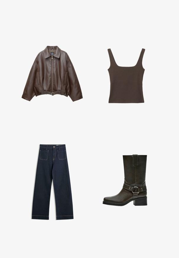 Rjava umetna usnjena krajšna jakna z širokim ovratnikom, zadrgo spredaj, stranskimi žepi in pasom v pasu. Gladek tekstura, sproščen kroj.; Rjava brezrokavna majica s kvadratnim izrezom, narejena iz mehkega, elastičnega materiala. Ima oprijet kroj in ravne šive.; Temno modre široke jeans hlače iz denima s kontrastnim svetlo rjavim šivi, dvema zadnjima žepoma in gumbom za zapirjanje v pasu.; Rjave usnjene gležnjarje s kvadratnim nosom, kratko blokasto peto in dekorativno zaponko z srebrnimi dodatki. Gladka tekstura, preprost dizajn.