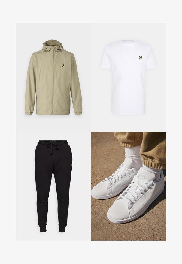 Lyle & Scott ZIP THROUGH JACKET - Kevyt takki - sage uniform; Valkoinen puuvillapaita, jossa on pieni musta ja keltainen brodeerattu logo vasemmassa rintapielessä. Lyhyet hihat ja pyöreä kaula-aukko.; Mustat puuvillajoggerit, joissa on elastinen vyötärö, nyöritys ja ribbireunat. Vasen reisi koristeltu pienellä keltaisella logolla.; Valkoiset nahkakengät, joissa on sileä pinta, klassinen nauhakiinnitys, reikärakenteet hengittävyyden parantamiseksi ja karkea kumipohja.