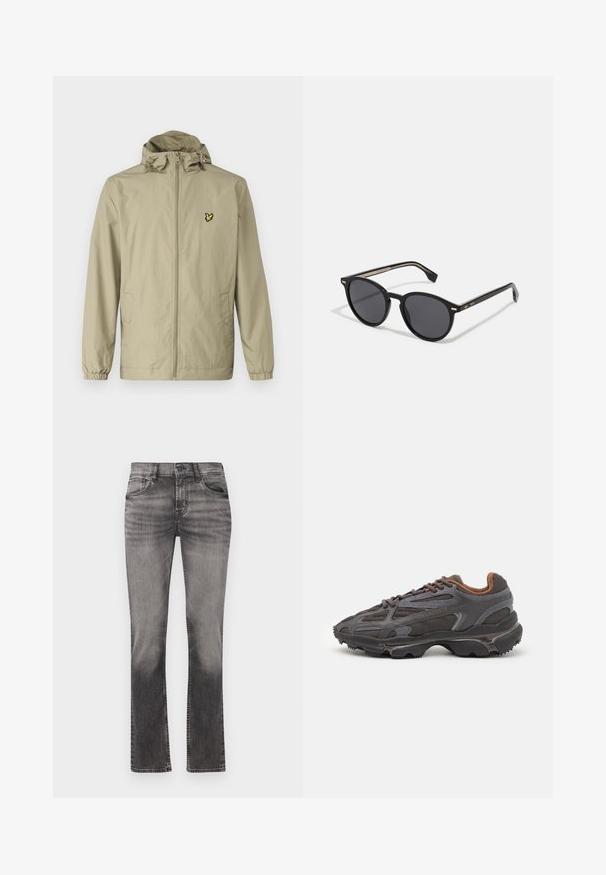 Lyle & Scott ZIP THROUGH HOODED JACKET - Übergangsjacke - sage uniform; Rotes Baumwoll-T-Shirt mit kurzen Ärmeln, Rundhalsausschnitt und kleinem Logo auf der linken Brust. Glatte Textur und reguläre Passform.; Graue denimblaue Schlagjeans mit einem verblassten Finish, ausgestattet mit einer mittelhohen Taille, einem Fünf-Taschen-Design und geraden Beinen. Abgerundet mit Kontrastnähten.; Lacoste Sneaker in Dunkelgrau aus Mesh und Synthetikmaterial, mit einer strukturierten Sohle und braunen Akzenten am Kragen und Logo.; BOSS Sonnenbrille - black