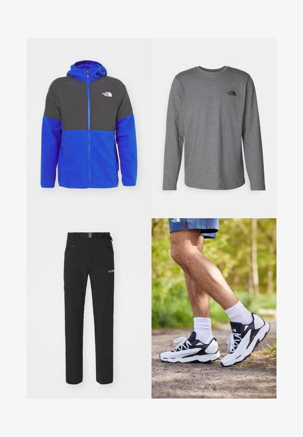 Niebieska polarowa kurtka z szarymi akcentami, z pełnym zamkiem błyskawicznym, kapturem i logo na piersi. Posiada dwie boczne kieszenie oraz kontrastowe panele kolorystyczne.; The North Face - Bluzka z długim rękawem; Czarne spodnie na zewnątrz z gładkiego materiału, boczne kieszenie na zamek, wzmocnione partie na kolanach oraz regulowany pas z klamrą.; Czarno-białe buty sportowe z siateczkową cholewką, teksturowanymi akcentami i białymi sznurówkami. Noszone z białymi skarpetkami do kostek i granatowymi szortami na ścieżce.