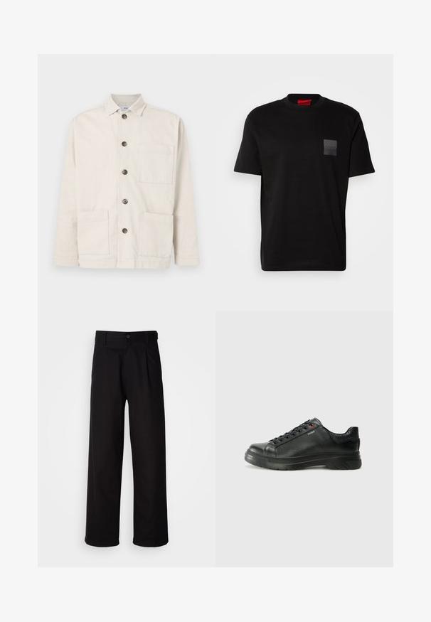 Casaquinho de algodão bege com colarinho, fecho frontal com botões, duas grandes bolsas frontais e um único bolso no peito. Tecido texturizado com um design simples.; Camiseta de algodão preta com decote redondo, apresentando um patches texturizado preto com o logótipos no lado esquerdo do peito. Mangas curtas e corte descontraído.; Calças pretas feitas de tecido suave, apresentando um design de perna reta, pregas frontais e um fecho com um único botão na cintura.; Sapatilha preta em couro com parte superior texturizada, colarinho acolchoado e detalhe do logótipo vermelho. Apresenta uma sola de borracha espessa com padrão de pisada distinto.