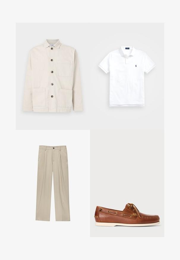 Bež bombažna jakna s ovratnikom, sprednjim gumbom, dvema velikima sprednjima žepoma in enim žepom na prsih. Teksturiirano blago s enostavnim dizajnom.; Bela polo majica iz bombaža, z klasičnim ovratnikom, kratkimi rokavi in majhnim mornarsko modrim logotipom na levem prsnem delu. Dvoklik sistem.; Bež hlače ravnega kroja, z enim črnim gumbom, zanke za pas in stranskimi žepi. Gladka tekstura tkanine in minimalističen dizajn.; Rjave usnjene čolnarice z vezalkami, zlatimi luknjicami in smetanasto gumijastim podplatom. Oblikovane z dvignjenim šivnim vzorcem na konici.