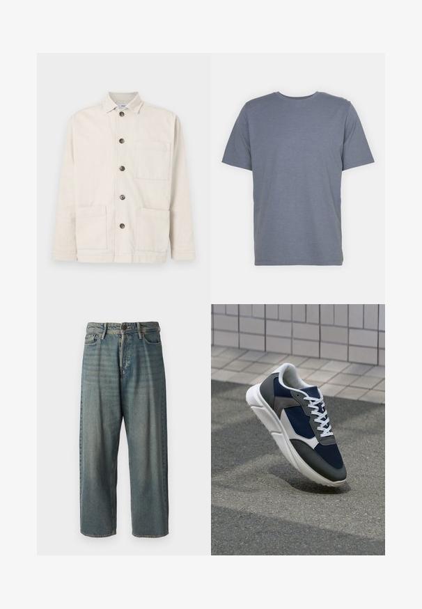 Beige cotton jacket with a collar, front button closure, two large front pockets, and a single chest pocket. Textured fabric with a plain design.; Gray short-sleeve T-shirt with a round neck, made of soft cotton blend fabric. Simple design, no patterns or accents.; Light blue denim jeans with a loose fit, mid-rise waist, and straight legs. Features five pockets, belt loops, and a button closure.; Sneaker featuring a navy blue mesh upper, gray suede accents, white rubber sole, and flat white laces, designed for comfort and breathability.