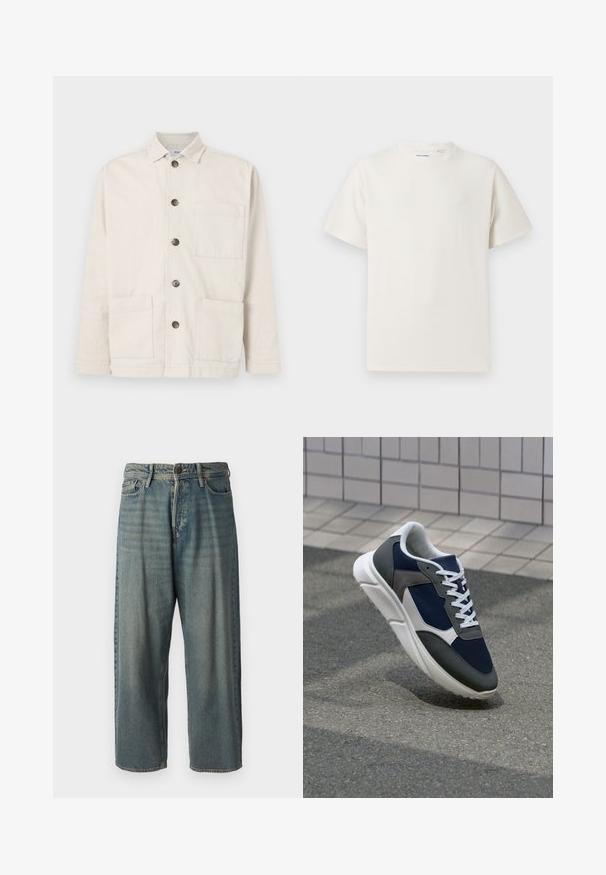 Beige cotton jacket with a collar, front button closure, two large front pockets, and a single chest pocket. Textured fabric with a plain design.; White short-sleeve T-shirt in a ribbed texture. Round neckline, relaxed fit, no visible patterns or accents. Simple and versatile design.; Light blue denim jeans with a loose fit, mid-rise waist, and straight legs. Features five pockets, belt loops, and a button closure.; Sneaker featuring a navy blue mesh upper, gray suede accents, white rubber sole, and flat white laces, designed for comfort and breathability.