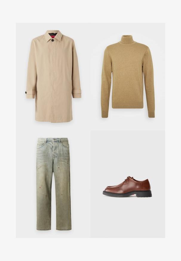 Béžový trenčkot so rovnými strihmi, s gombíkovým zapínaním, golierom a bočnými vreckami. Vyrobený z hladkej, ľahkej tkaniny.; Béžový rolák vyrobený z mäkkej pleteniny. Má dlhé rukávy a priliehavý strih. Hranatý lem a akcenty na golieri sú ribbované.; Zničené džínsy vo svetlozelenej farbe s rovnými nohavicami, piatimi vreckami a nerovnomerným vyblednutím so škvrnami od farby.; Hnedé kožené spoločenské topánky s okrúhlou špičkou, kontrastným prešívaním, šnurovacími detailami a štruktúrovanou čiernou gumovou podrážkou.