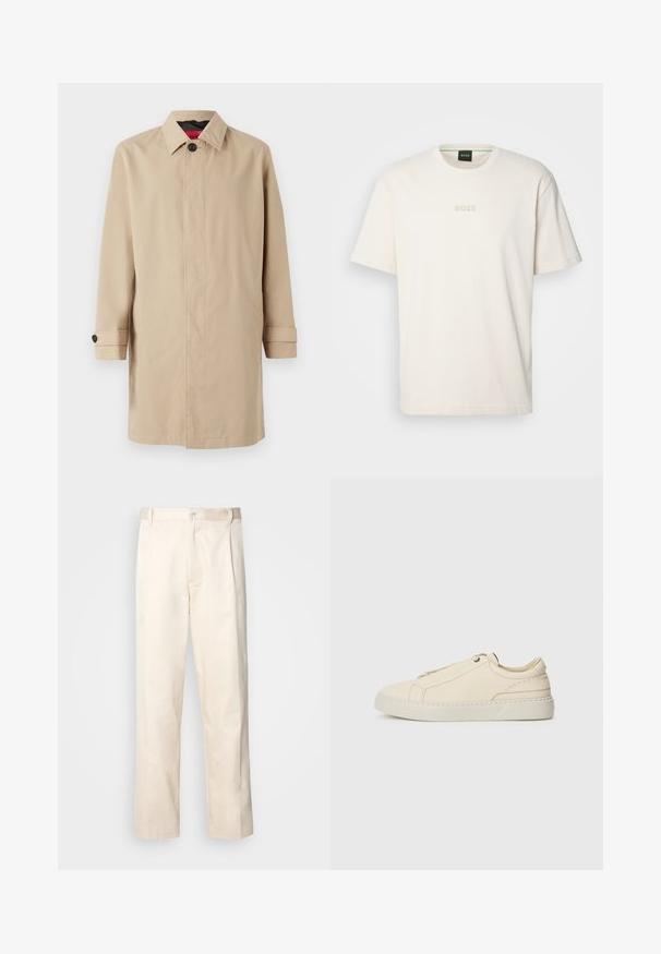 Trench coat bej cu croi drept, prezentând o închidere cu nasturi, guler și buzunare laterale. Fabricat dintr-un material neted și ușor.; BOSS TEE - Tricou basic - open white; Pantaloni din bumbac bej, cu croială dreaptă, dotati cu închidere cu nasture și pliuri în față pentru un plus de detaliu.; Adidași din piele bej cu vârful rotunjit, design minimalist, detalii subtile de cusătură și un superior texturat, pe o talpă deschisă.