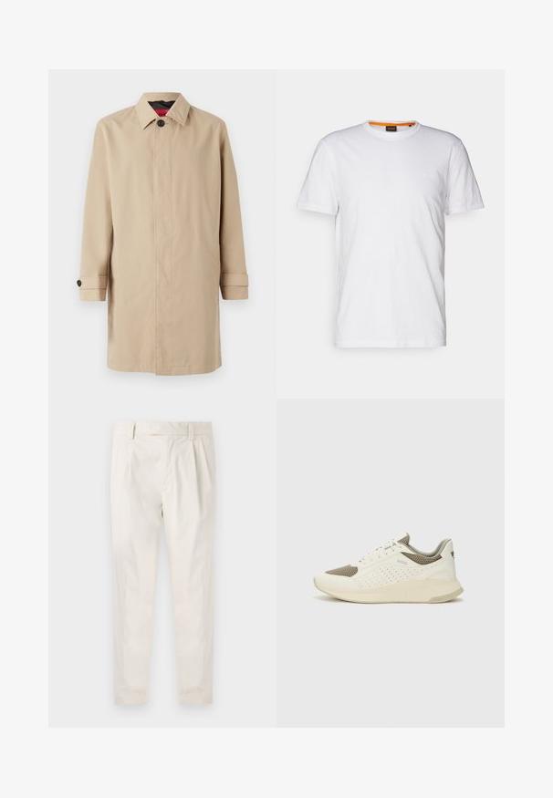 Bežinis ilgas paltas su tiesiu kirpimu, užsegamas mygtukais, su apykakle ir šoninėmis kišenėmis. Pagamintas iš glotnios, lengvos medžiagos.; Balta medvilnė marškinėliai su apvalia iškirpte, trumpomis rankovėmis ir subtiliu iškilniu logotipu ant krūtinės. Viduje esantis etiketas turi oranžinį akcentą.; Balti, susiūtos kelnes, turinčios pritaikytą siluetą, pasižyminčias lygia tekstūra, dirželio kilpomis ir siaurėjančiomis kojomis. Nėra matomų kišenių ar raštų.; Baltas ir šviesiai bežinis sportinis kedas, su tinklo viršumi, perforuotais detalėmis ir tekstūruotu tarpine su logotipu ant kulno.