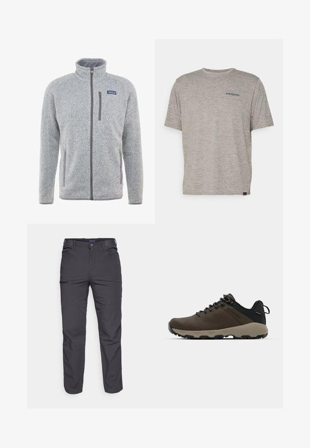 Grijze fleece jas met hoge kraag, volledige rits, zijzakken en een borstzak. Heeft een textuurstof en contrasterende accenten.; Grijze T-shirt met korte mouwen, gemaakt van zachte, gestructureerde stof, met een klein blauw Patagonia-logo op de linkerkant van de borst. Geen extra patronen.; Donkergrijze broek van duurzaam materiaal, met een ritssluiting zak, rechte snit en lussen voor een verstelbare pasvorm.; Bruine waterdichte sneakers met een gestructureerde bovenkant, geperforeerde accenten, zwarte hielsteun en een grijze rubberen zool. De veters zijn voorzien van metalen uiteinden.