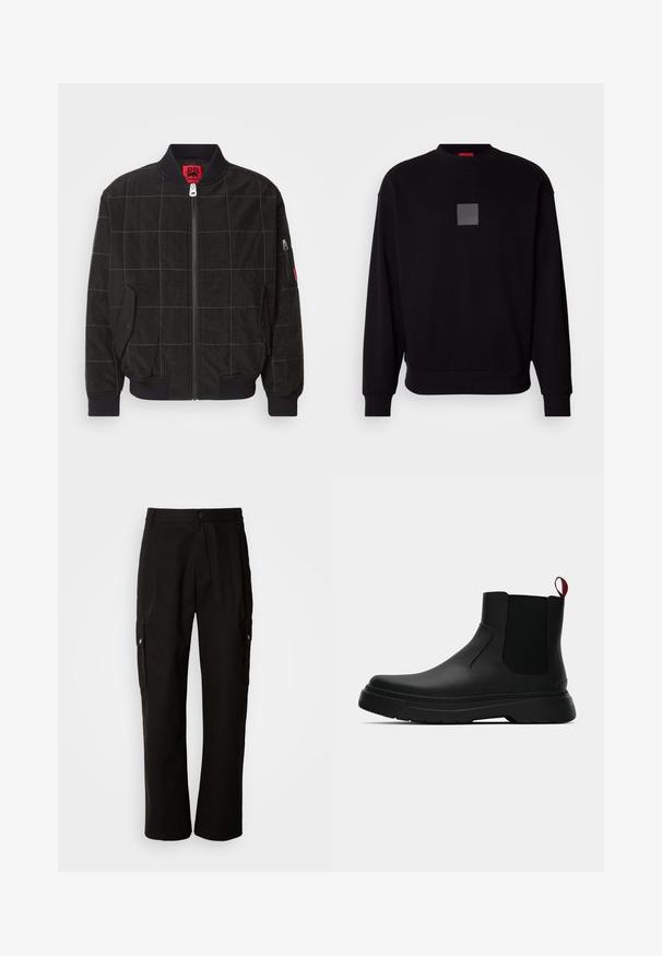 Svart bomberjakke med rutenettmønster, glidelås, ribbestrikkede mansjetter, sidelommer og logo-detaljer. Laget av strukturert stoff.; Svart genser med lange ermer, rund halslinning, et grått firkantet logo på forsiden, myk tekstur og ribbet mansjetter og kant.; Svart cargobukse laget av bomull med avslappet passform, med sidelommer, knappeåpning og rette ben. Enkelt design uten mønstre.; Sorte ankelstøvler med en glat overflade, elastiske sidepaneler og en kontrastfyldt rød trækflik, med en tykk gummisål og rund tå.