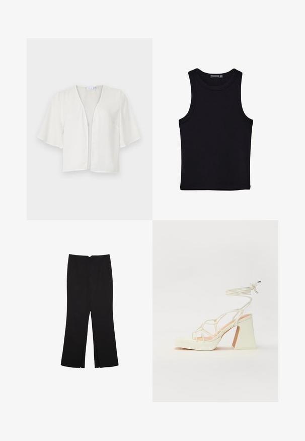 Bijela kratkosazna bluza s V-izrezom, lagani materijal, otvoreni prednji dio i meka tekstura. Minimalistički dizajn bez vidljivih zatvaranja ili ukrasa.; Crni top bez rukava od pamuka, s okruglim izrezom i širokim izrezima za ruke. Glatka tekstura s ušivenim rubovima. Klasičan, minimalistički dizajn.; Crne hlače ravnog kroja, s prednjim džepovima i bočnim prorezima na rubu. Izrađene od mekog i glatkog materijala. Pogodne za razne prigode.; Bijela sandala na visokoj potpetici s debelim petom, s remenom i vezanjem oko gležnja. Glatka tekstura s platformom sprijeda za dodatnu visinu.