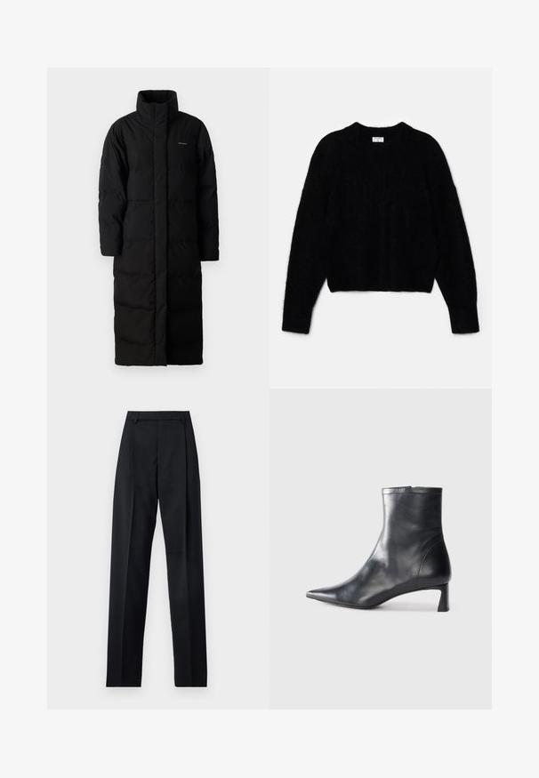 Čierny dlhý puffový kabát s vysokým golierom, prešívanými panelmi a rovnou siluetou. Obsahuje predný zips a bočné vrecká.; Čierny krátky sveter vyrobený z nadýchaného materiálu. Má okrúhly výstrih a dlhé rukávy s jemnou textúrou. Minimalistický dizajn, žiadne vzory.; Čierne nohavice vyrobené z hladkej látky s vysokým pásom, širokými nohavicami, prednými záhybmi a klasickými pútkami na opasok. Žiadne bočné vrecká nie sú viditeľné.; Čierne kožené členkové topánky s špicatou špičkou a elegantným dizajnom. Majú nízky podpätok a zips na zadnej strane. Hladká textúra.