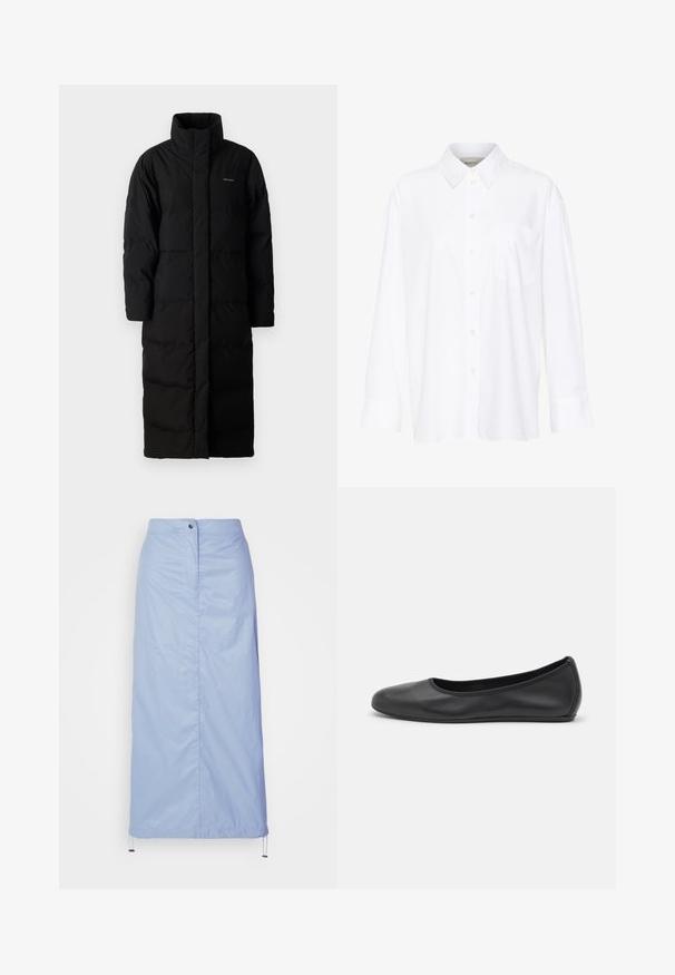 Juodas ilgas pūkinis paltas su aukštu apykakle, siuvinėtomis juostelėmis ir tiesia siluetu. Yra priekinių užtrauktukų ir šoninių kišenių.; Balta ilgomis rankovėmis marškiniai su apykakle, pagaminti iš medvilnės. Su mygtukų užsegimu priekyje ir viena krūtinės kišenė. Lygus paviršius, laisvas siluetas.; Šviesiai mėlyna, vidutinio ilgio sijonas, pagamintas iš sklandžios, lengvos medžiagos su tiesiu kirpimu, turi priekinius mygtukus ir raištelį apatinėje dalyje.; Juodai odiniai baletai su apvaliu pirštu, lygi texture, minimalus siuvimo detales ir lanksčiu padų dizainu.